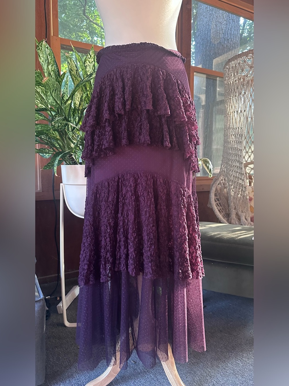 Free People Lace in Love Burgundy Lace Tiered Maxi Skirt - Picture 4 of 9